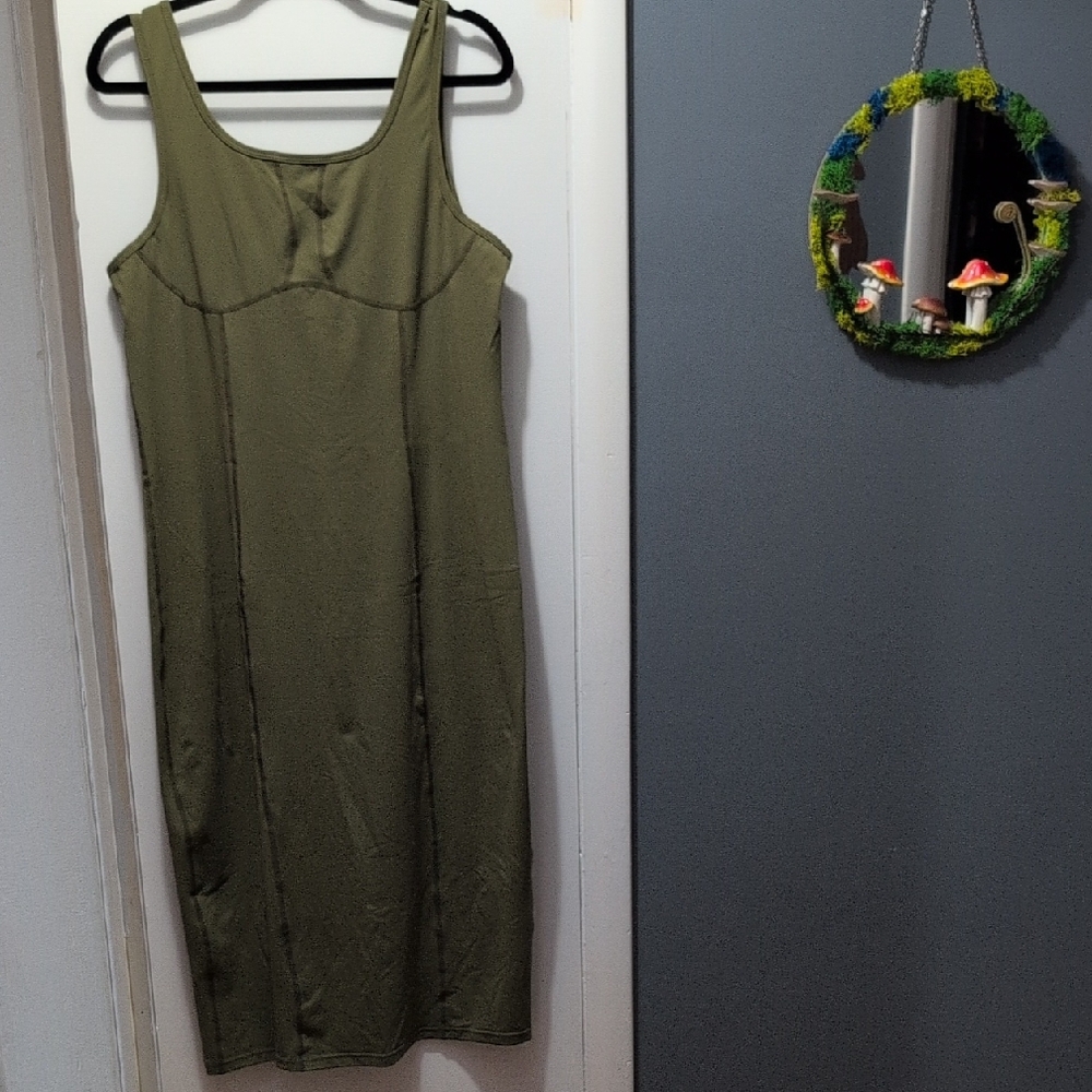 Grace Karin From Fitting Olive Green Midi Dress With Accent Stitching